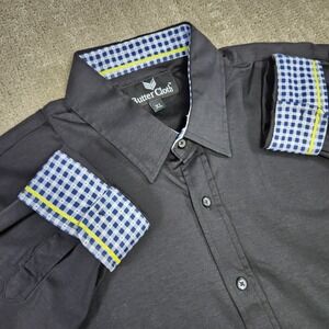 Buttercloth Shirt Men XL Black Geometric Flip Cuff Icy Cotton Button Up Slim Fit